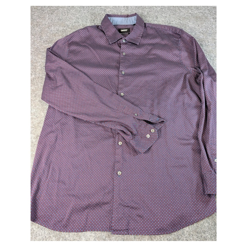 DKNY Mens XXL Regular Fit Stretch Dress Shirt Red Blue Diamond Print EUC